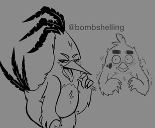 anthro beak bedroom_eyes bent_over blush blush_lines duo feather_hair feathers fellatio_gesture flustered gesture grey_background half-closed_eyes hand_gesture hand_on_leg hand_on_own_leg heart_eyes heart_symbol looking_at_another male male/male narrowed_eyes pseudo_hair seductive simple_background suggestive suggestive_gesture tail tail_feathers text tongue tongue_out notsafeforwank angry_birds rovio_entertainment sega the_angry_birds_movie chuck_(angry_birds) red_(angry_birds) avian bird canary cardinal_(bird) finch oscine passerine 2026 artist_name digital_media_(artwork) hi_res monochrome