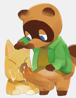anthro balls big_penis blue_eyes bodily_fluids chibi clothing cum cum_on_face duo erection genital_fluids genitals kemono male penis shirt simple_background slightly_chubby topwear masshiro animal_crossing nintendo crazy_redd tom_nook_(animal_crossing) canid canine fox mammal raccoon_dog tanuki 2020 hi_res