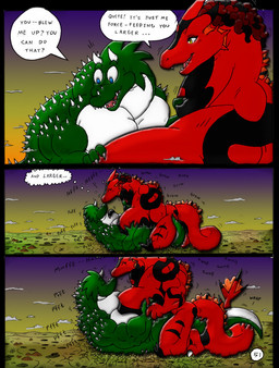 anthro big_breasts body_size_growth breasts duo female giga growth_lines huge_breasts inflation kissing landscape_dwarfing macro male muscular muscular_female muscular_male onomatopoeia puffkiss size_transformation sound_effects speech_bubble spikes spikes_(anatomy) text transformation dnapalmhead redsaber mythology dragon mythological_creature mythological_scalie scalie comic english_text