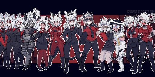 black_hair bottomwear breasts cigarette clothed clothing eyewear female fully_clothed gloves group hair handwear heart_eyes heart_symbol horn large_group long_hair open_mouth pants pointed_tail red_eyes shirt short_hair skirt smile spade_tail sunglasses tail topwear white_hair corruptedcryptid european_mythology greek_mythology helltaker mythology azazel_(helltaker) beelzebub_(helltaker) cerberus_(helltaker) judgement_(helltaker) justice_(helltaker) lucifer_(helltaker) malina_(helltaker) modeus_(helltaker) pandemonica_(helltaker) zdrada_(helltaker) animal_humanoid canid canid_humanoid demon demon_humanoid human humanoid mammal mammal_humanoid absurd_res hi_res
