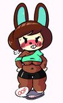 annoyed anthro athletic_wear belly blush bodily_fluids bottomwear breasts breath brown_body brown_fur brown_hair buckteeth clothed clothing deep_navel detailed_navel female fur hair hands_on_hips navel off_shoulder oof paws shirt short_stack shorts simple_background slightly_chubby solo spandex spandex_shorts speech_bubble sweat teeth thick_thighs tight_bottomwear tight_clothing tight_shorts topwear under_boob weighing weighing_scale weight_conscious white_background wide_hips workout_clothing argylesockx animal_crossing nintendo carmen_(animal_crossing) lagomorph leporid mammal rabbit