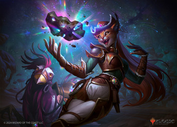 ambiguous_gender anthro armor beak belt clothing duo female feral gloves hair handwear hat headgear headwear long_hair looking_up night open_mouth outside rock smile solo_focus star text ina_wong hasbro magic:_the_gathering wizards_of_the_coast roxanne_starfall_savant avian bird chicken domestic_cat felid feline felis galliform mammal phasianid 2024 absurd_res digital_media_(artwork) english_text hi_res official_art