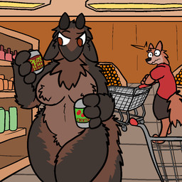 anthro barefoot big_breasts black_nose bottomwear breasts brown_body brown_eyes brown_fur casual_nudity chest_tuft clothed clothed/nude clothed_female clothing curvy_figure duo featureless_breasts featureless_crotch feet female fluffy fluffy_tail food fur holding_object male mouthless multicolored_body multicolored_fur naturally_censored nipple_tuft nude nudist paws public public_nudity shelf shirt shocked shopping shopping_cart shorts slightly_chubby solo_focus standing store tail text thick_thighs topwear tuft voluptuous wide_hips trout_(artist) cocoa_(trout) anteater bovid canid canine caprine goat hybrid mammal pilosan xenarthran 1:1 2017 aliasing digital_media_(artwork) english_text russian_text