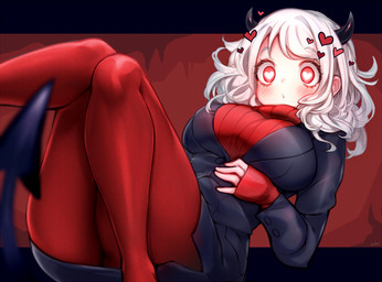 big_breasts blush breasts business_suit butt clothing female hair heart_symbol horn not_furry red_eyes solo spade_tail suit tail white_hair sukemyon helltaker modeus_(helltaker) demon demon_humanoid humanoid 2020 digital_media_(artwork) shaded