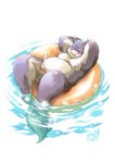 anthro balls belly big_belly blush bodily_fluids cum ejaculation erection eyes_closed genital_fluids genitals kemono lying male moobs nipples overweight overweight_male penis solo water young inuiookawa canid canine mammal 2011