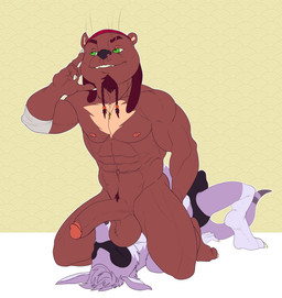 5_fingers anthro anthro_on_anthro arm_tuft ball_tuft balls bandage bandaged_arm barefoot beard belly big_balls big_muscles big_pecs big_penis black_clothing black_nose black_speedo black_swimwear braided_beard brown_arms brown_balls brown_beard brown_belly brown_body brown_chest brown_ears brown_eyebrows brown_facial_hair brown_fingers brown_fur brown_hair brown_hands brown_inner_ear brown_neck brown_penis brown_pubes bulge cheek_tuft claws clothed clothed_anthro clothed_male clothing cross cross_necklace digitigrade dreadlocks duo ear_piercing ear_stud ear_tuft erection erection_under_clothing eyebrows eyes_closed facial_hair facial_scar facial_tuft feet fingers fingers_on_face foreskin fur genitals glans goatee green_eyes hair half-closed_eyes half-erect hand_on_ground hand_on_leg head_tuft humanoid_genitalia humanoid_hands humanoid_penis interspecies jewelry kerchief kneeling looking_away looking_up male male/male multicolored_body multicolored_fur multicolored_penis muscular muscular_anthro muscular_arms muscular_male muscular_thighs narrowed_eyes navel necklace nipples nude_male obliques open_mouth open_smile pecs penis piercing pink_glans pink_nipples pink_nose pink_penis pinned pinned_to_ground pose pubes purple_body purple_ears purple_fur purple_hair purple_head purple_legs red_kerchief retracted_foreskin scar serratus simple_background skimpy small_ears smile speedo swimwear tan_chest tan_inner_ear three-quarter_view tight_clothing topless topless_anthro topless_male tuft two_tone_body two_tone_chest two_tone_fur two_tone_head two_tone_legs two_tone_penis white_background white_body white_claws white_feet white_fur white_head white_inner_ear white_legs white_toes wrestling wrestling_briefs yellow_background bristol thunderclap_(uru) unnamed_character kangaroo macropod mammal marsupial mustelid otter 2021 absurd_res alternate_version_at_source colored digital_drawing_(artwork) digital_media_(artwork) flat_colors full-length_portrait hi_res portrait