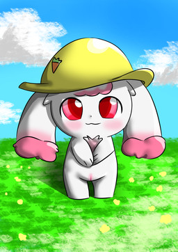 blush chibi clothing female feral flower fur genitals grass hat headgear headwear pink_body pink_eyes pink_fur plant sky solo vulva white_body white_fur olihai lagomorph leporid mammal rabbit absurd_res hi_res