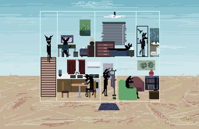 ambiguous_gender anthro bed black_body blue_sky building chair computer detailed_background doormat electronics furniture group house inside kitchen shower sink sitting sky sofa stairs surrealism table toilet demensa canid canine mammal 2018 digital_media_(artwork) pixel_(artwork)
