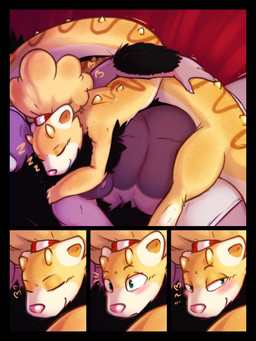 accessory anthro bed black_hair clothing duo fur furniture green_eyes hair hair_accessory hair_tie horn long_body long_hair male male/male overweight purple_body purple_fur sleeping surprised underwear white_body white_fur yellow_body yellow_fur cha0sapien mythology hazel_(cha0sapien) vague_(cha0sapien) domestic_ferret dragon eastern_dragon elephantid hybrid mammal mammoth mustelid musteline mythological_creature mythological_scalie prehistoric_species proboscidean scalie true_musteline weasel 3:4 absurd_res comic hi_res