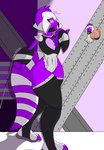 anthro armblade blade claws clothing duo femboy hair horn legwear machine male mouthplate purple_body purple_eyes short_hair stockings tail thigh_highs white_hair wide_hips nekho_karma neyney_(nekho_karma) protogen absurd_res hi_res