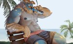 abs anthro anthrofied beach bench blue_body blue_eyes blue_nipples body_hair bottle bulge clothed clothing container eyewear horn looking_at_viewer male muscular muscular_anthro muscular_male nipples palm_tree pecs plant scales sea seaside sitting sky solo sunglasses swimming_trunks swimwear topless tree water water_bottle ransomone capcom monster_hunter fanged_wyvern scalie zinogre hi_res