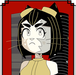 anthro black_hair black_lines breasts building clothing determined eyebrows eyelashes eyewear eyewear_on_head female frown fur goggles goggles_on_head gold_stripes hair looking_up pupils simple_background skyscraper sleeveless_clothing solo white_body white_eyes white_fur white_nose white_sclera bull3t gameoverse glitch_productions sleeping_dogs kit_bodega domestic_cat felid feline felis mammal digital_drawing_(artwork) digital_media_(artwork) hi_res