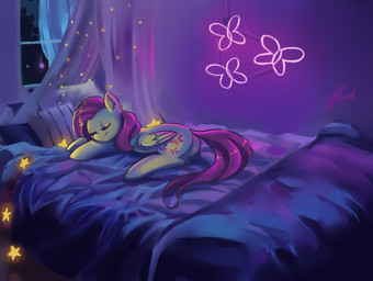 bed bedding bedroom blanket butt curtains cutie_mark dark eyelashes eyes_closed feathered_wings feathers female feral furniture hair hooves inside lying neon night nude on_bed pillow pink_hair sleeping smile solo star window wings yellow_body yellow_feathers xjenn9 friendship_is_magic hasbro my_little_pony mythology fluttershy_(mlp) equid equine mammal mythological_creature mythological_equine pegasus 2018 hi_res signature