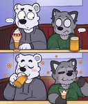 anthro beer_mug blush blush_lines clothing dessert duo eating eating_food flower food fur grey_body grey_fur ice_cream looking_pleasured male male_anthro plant restaurant speech_bubble sweater topwear white_body white_fur ohmygoditguppy lawrence_(ohmygoditguppy) toby_(ohmygoditguppy) bear canid canine canis mammal polar_bear ursine wolf 2024 hi_res