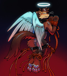 4_toes andromorph andromorph_anthro anthro anus arm_tuft bdsm black_harness blue_anus blue_claws blue_eyes blue_nose blue_scar blue_vulva blue_wings blush bondage bound brown_body brown_ears brown_fur brown_hair brown_inner_ear_fluff brown_tail bulldog_harness butt_tuft cheek_tuft claws closed_smile cuff_(restraint) elbow_tuft facial_tuft fangs feathered_wings feathers feet fur genitals glowing_halo hair halo handpaw harness hindpaw inner_ear_fluff intersex intersex_anthro light_smile mastectomy_scar mouth_closed nude_andromorph nude_anthro paws rear_view red_glow red_rope restraints rope rope_bondage scar smile solo submissive submissive_andromorph submissive_anthro submissive_intersex tail tail_tuft teeth text thigh_cuffs three-quarter_view toes tuft vulva whiskers wings birdpaw_(artist) gulonine mammal marten mustelid musteline sable_(marten) 2026 artist_name dated digital_drawing_(artwork) digital_media_(artwork) english_description full-length_portrait hi_res portrait trans_(lore) trans_man_(lore)