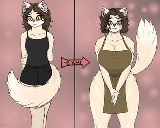 anthro apron apron_only big_breasts big_butt bite biting_lip biting_own_lip blush breasts bridge_piercing butt clothed clothing covering covering_self curly_hair curvy_figure ear_piercing ear_ring facial_piercing female front_view fur hair heart_symbol huge_breasts industrial_piercing lip_piercing looking_at_viewer nipples nose_piercing piercing ring_piercing self_bite simple_background slightly_chubby small_breasts smile smiling_at_viewer snakebite_piercing solo standing tail teeth thick_thighs time_skip voluptuous wide_hips cinya gatita_(cinya) domestic_cat felid feline felis mammal 5:4 hi_res shaded simple_shading