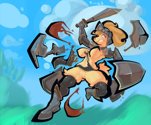 anthro armor bodily_fluids breasts clothing female genitals knight melee_weapon nipples plump_labia shield solo sword tears vulva wardrobe_malfunction warrior weapon tomol6 amelia_steelheart canid canine canis domestic_dog mammal 2019 hi_res