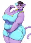 anthro belly big_belly big_breasts black_hair blue_hair breasts bulge butt cleavage clothed clothing crossgender ear_piercing fangs freckles fur gynomorph hair holding_belly huge_breasts intersex open_mouth overalls overalls_only overweight overweight_anthro overweight_gynomorph overweight_intersex pawpads piercing purple_body purple_fur shortalls simple_background smile solo standing teeth thick_thighs tight_clothing tight_overalls tongue yellow_sclera vondranart undertale undertale_(series) catty_(undertale) domestic_cat felid feline felis mammal 2018 hi_res