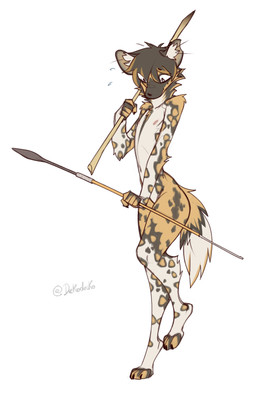 4_toes 5_fingers anthro biped bodily_fluids digitigrade feet fingers flying_sweatdrops fur holding_melee_weapon holding_object holding_polearm holding_spear holding_weapon inner_ear_fluff male male_anthro markings melee_weapon nipples nude nude_anthro nude_male polearm raised_leg ruff simple_background solo spear spots spotted_body spotted_fur standing sweat sweatdrop toes tuft weapon white_background nekodoiko african_wild_dog canid canine mammal absurd_res hi_res signature
