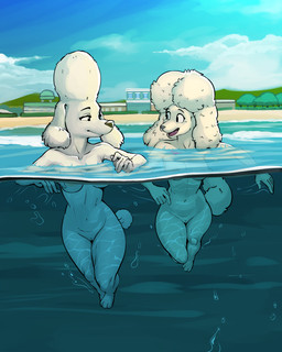 anthro blue_sky breasts city city_background cloud convenient_censorship duo facing_each_other female genitals green_trees looking_at_another mountain nude plant skinny_dipping sky swimming tree underwater vulva water diacordst 20th_century_fox 20th_century_studios housebroken nickelodeon paw_patrol delores_(paw_patrol) honey_(housebroken) canid canine canis domestic_dog mammal poodle hi_res