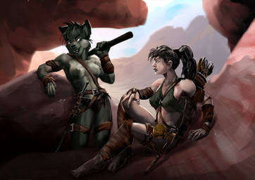 anthro arrow_(weapon) athletic axe bandage bottomwear breasts clothed clothing duo female hair laugh leather loincloth melee_weapon muscular nipples nude polearm ponytail quiver_(object) ranged_weapon scabbard smile spear sword topless warrior weapon marsonaut human hyena mammal spotted_hyena 2016