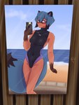 anthro beach black_highlights blue_hair blush breasts brown_body brown_fur clothing cloud detailed_background electronics embarrassed female fur gloves_(marking) hair heart_graffiti highlights_(coloring) holding_object holding_phone inner_ear_fluff looking_away markings mirror one-piece_swimsuit orange_body orange_fur phone pose sand selfie solo swimwear tuft wave dkside41 brand_new_animal studio_trigger michiru_kagemori canid canine mammal raccoon_dog tanuki 3:4 absurd_res hi_res pinup