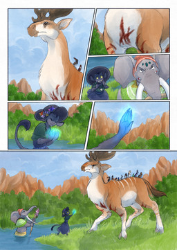 5_fingers anthro black_body black_fur blood bodily_fluids clothed clothing dark_body day fingers fur grass grey_body hat headgear headwear magic plant proboscis_(anatomy) tail trunk_(anatomy) water wounded bjekkergauken mythology imbali_(bjekkergauken) isilo_(bjekkergauken) deer elephant elephantid hybrid mammal moose new_world_deer proboscidean unknown_species 2026 colored comic hi_res