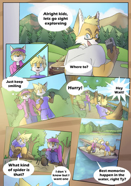 5_fingers anthro biped blonde_hair blue_eyes clothed clothing dialogue duo eyebrows eyewear female feral fingers glasses hair male plant solo speech_bubble tail text tree young young_anthro young_female young_male galo henry_(tycloud) tammy_(tycloud) tycloud arachnid arthropod canid canine fox mammal spider absurd_res comic english_text hi_res cousins_(lore)