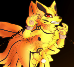 9_tails bound chain chained fur genitals glowing humanoid_genitalia humanoid_penis male multi_tail nipples orange_body orange_fur penis restraints solo tail skshadowknight naruto kurama canid canine fox mammal hi_res