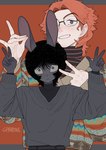 anthro black_hair blue_eyes double_v_sign duo eyewear female fur gesture glasses grey_body grey_fur hair hand_gesture male pose red_hair v_sign sparrowl aoe_(sparrowl) wally_(sparrowl) human lagomorph leporid mammal rabbit 2023 hi_res