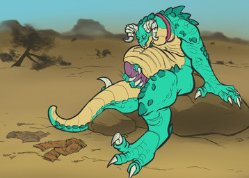 belly big_belly blue_arms blue_body blue_legs claws collar duo feral feral_pred genitals hand_on_penis horn male male_pred masturbation on_rock penis rock sitting sitting_on_rock vore white_claws white_horn yellow_belly reptilianreverie fallout microsoft deathclaw scalie 2026 hi_res