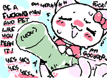 accessory afterimage ambiguous_gender black_text blush bodily_fluids bow_ribbon clothed clothed_ambiguous clothed_feral clothing collar cute_fangs dialogue disembodied_hand duo exclamation_point eyes_closed fangs featureless_hands feet feral green_body hair_accessory hair_ribbon hindpaw open_mouth open_smile pawpads paws petting pink_blush pink_bow pink_clothing pink_pawpads pink_shirt pink_topwear profanity ribbons semi-anthro shirt smile solo_focus squigglevision sweat tail tail_motion tailwag teeth text topwear white_body white_ears ligma_(artist) 4chan anon moot domestic_cat felid feline felis mammal 2025 animated digital_media_(artwork) english_text flat_colors handwritten_text low_res wigglypaint_(artwork)