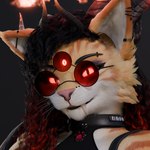 3_eyes black_hair collar ear_piercing eyebrow_piercing eyewear facial_piercing fangs female gradient_hair hair horn looking_at_viewer multi_eye nose_piercing piercing pupils red_eyes red_hair slit_pupils solo sunglasses teeth rinny rinny_(character) demon domestic_cat felid feline felis mammal tabby_cat 1:1 3d_(artwork) digital_media_(artwork) portrait