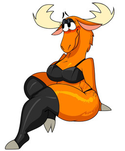 anthro antlers big_breasts black_bra black_clothing black_eyeshadow black_lingerie black_underwear bra breasts clothing cloven_hooves eyelashes eyeshadow female fur hoof_hands hooves horn lingerie makeup orange_body orange_fur pose smile solo thick_thighs underwear wide_hips phoggyphopie johnny_bravo_(series) becky_(johnny_bravo) deer mammal moose new_world_deer hi_res pinup