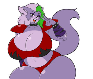 anthro big_breasts biped breasts choker cleavage clothed clothed_anthro clothed_female clothing female female_anthro gesture glistening glistening_breasts glistening_thighs green_hairtips hair hand_gesture huge_breasts huge_hips huge_thighs jewelry lips lipstick long_hair looking_at_viewer makeup navel necklace pose purple_body purple_lipstick red_clothing simple_background solo thick_thighs three-quarter_view v_sign white_background wide_hips yellow_eyes lunisnightwind five_nights_at_freddy's five_nights_at_freddy's:_security_breach scottgames steel_wool_studios roxanne_wolf canid canine canis mammal wolf digital_drawing_(artwork) digital_media_(artwork) flat_colors portrait three-quarter_portrait