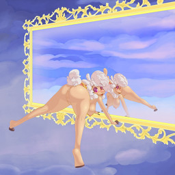 anthro anus areola bent_over big_breasts big_butt breasts brown_hooves brown_lips brown_lipstick butt cloud day detailed_background ear_piercing eyebrow_through_hair eyebrows eyelashes eyeshadow feet female fingers fluffy fluffy_hair fluffy_tail fur genitals glistening glistening_eyelids glistening_eyes glistening_lips glistening_nose hair half-closed_eyes hooved_fingers hooves lips looking_at_viewer makeup mirror narrowed_eyes nude ornate_furniture philtrum piercing pink_areola pink_nose presenting presenting_anus presenting_hindquarters presenting_vulva purple_eyelids purple_eyes purple_eyeshadow reflection sky skyscape smile smiling_at_viewer solo spread_arms spread_legs spreading tail tan_body translucent translucent_hair vulva white_body white_fur white_hair white_tail white_wool wool_(fur) schreckengast beat_banger bunfan_games dawna_mabel bovid caprine mammal sheep 1:1 2025 absurd_res digital_drawing_(artwork) digital_media_(artwork) digital_painting_(artwork) hi_res painting_(artwork)