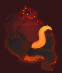 anthro big_penis black_body black_skin claws fire genitals glowing glowing_eyes glowing_genitalia glowing_penis glowing_precum long_penis male overweight overweight_male penis prehensile_penis resting simple_background solo spikes tail tapering_penis thick_penis thick_tail unusual_anatomy unusual_genitalia unusual_penis himerosthegod mulcer_(himeros) amphibian deity salamander hi_res