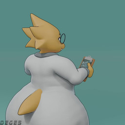 anthro balls barefoot becoming_erect belly big_breasts big_butt big_penis blue_eyes blue_eyewear blue_glasses bottomless breasts buckteeth butt claws clipboard clothed clothing coat erection eyelashes eyewear feet foreskin freckled_balls freckled_face freckles genitals glasses gynomorph holding_object huge_breasts huge_butt huge_thighs humanoid_genitalia humanoid_penis intersex lab_coat looking_at_viewer partially_clothed penis retracted_balls round_glasses simple_background slightly_chubby slightly_chubby_gynomorph slightly_chubby_intersex smile solo standing suddenly_penis surprised tail teeth thick_thighs throbbing throbbing_balls throbbing_penis topwear turning_around wave wide_hips yellow_body dege3 undertale_(series) alphys lizard reptile scalie 1:1 3d_(artwork) 3d_animation animated blender_(artwork) digital_media_(artwork) hi_res no_sound short_playtime webm