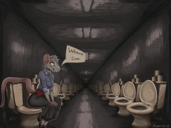 anthro bathroom bottomwear breasts buckteeth butt clothed clothing female footwear fur furniture grey_body grey_fur inside long_tail looking_at_viewer public_restroom rat_tail shirt shoes sitting skirt snout solo speech_bubble tail teeth text toilet topwear wall_(structure) whiskers gompami mammal murid murine rat rodent 2025 4:3 absurd_res english_text hi_res