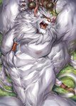 anthro armpit_hair big_muscles blush bodily_fluids body_hair bound looking_at_viewer lying male muscular muscular_male navel nipples nude on_back open_mouth pecs solo sweat uvula rabbity league_of_legends riot_games tencent rengar_(lol) felid feline lion mammal pantherine hi_res