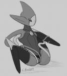 blush clothing female genitals grey_background legwear looking_at_viewer pussy simple_background solo thigh_highs unknown_artist nintendo pokemon attack_forme_deoxys deoxys generation_3_pokemon humanoid legendary_pokemon pokemon_(species) monochrome