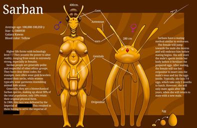 animal_genitalia animal_penis antennae_(anatomy) big_breasts big_penis breasts duo egg equine_genitalia equine_penis female genitals gynomorph hair hair_bun intersex ovipositor penis size_difference tall text yellow_body littlebird7284 alien sarban_(species) english_text