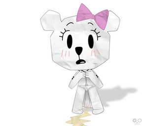 anthro blush blush_lines bodily_fluids crouching female genital_fluids genitals loli looking_at_viewer nude nude_female object_on_head open_mouth paper peeing pink_bow shocked simple_background sitting solo squatting_pose surprised urine vulva watersports white_background white_body young young_anthro young_female saffersoft cartoon_network the_amazing_world_of_gumball teri_(tawog) bear mammal paper_creature hi_res