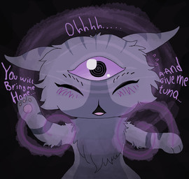 3_eyes :3 arm_tuft biped bipedal_feral black_background blush blush_lines chest_tuft elbow_tuft eyebrows eyelashes eyes_closed facial_tuft female female_feral feral fur glistening glistening_eyes humor hypnotizing_viewer looking_at_viewer multi_eye open_mouth pawpads paws psychic purple_body purple_eyes purple_fur semi-anthro shoulder_tuft simple_background solo spiral spiral_eyes striped_body stripes talking_to_viewer telekinesis text tongue tuft commonbleat mewgenics alice_(mewgenics) domestic_cat felid feline felis mammal 2026 colored digital_drawing_(artwork) digital_media_(artwork) english_text half-length_portrait hi_res portrait shaded