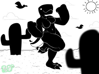 2_toes anthro black_body breasts cactus claws cloud desert dot_eyes featureless_breasts feet female navel non-mammal_breasts non-mammal_navel plant pose sand simple_eyes smile solo sun tail thick_thighs toe_claws toes friedpeep google google_chrome dinosaur_(google_chrome) ambient_pterosaur dinosaur prehistoric_species reptile scalie theropod hi_res monochrome watermark