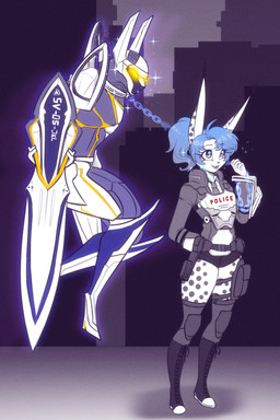 anthro belt boots chain clothing duo eyebrows eyelashes female footwear hair male markings necktie police ponytail shoes spots spotted_body scorpdk astral_chain platinumgames mara_(scorpdk) felid feline lynx mammal 2026 absurd_res hi_res spot_color