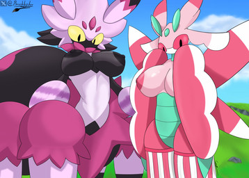 big_breasts breasts duo female nipples palmorph pokemorph brushbyter nintendo palworld pocketpair pokemon arachnid arthropod generation_7_pokemon humanoid insect lurantis mantis pal_(species) pokemon_(species) spider tarantriss hi_res