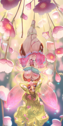 5_fingers accessory anthro antlers blush bottomless bottomless_female bound breasts brown_body clothed clothing dress dripping exposed_breasts eyelashes female fingers flower flower_in_hair genitals green_hair hair hair_accessory hanging_by_feet hooves horn insect_wings legs_tied long_hair looking_at_viewer mottled nipples piebald pink_nipples pink_nose plant smile smiling_at_viewer solo sparkles suspension thick_thighs vulva white_body wings ulitochka deer fairy mammal 2024 absurd_res dated digital_media_(artwork) hi_res