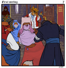 anthro bandage bandaged_arm banner blue_sash cape chair clothing crown curtsey etiquette eyes_closed feathers female feral furniture gem gold_crown group guard guard_position hat_feather headdress headgear headwear insignia kokoshnik loose_feather male narrowed_eyes nobleman noblewoman paintbrush_tail ring robe royalty sash sitting standing stone_floor stone_wall tail wall_(structure) white_bandages sir_paulus disney robin_hood_(disney) lady_kluck lisabeth_(lord_paulus) maid_marian pavel_(sir_paulus) prince_john sir_hiss avian bird canid canine canis chicken felid feline fox galliform human lion mammal pantherine phasianid reptile scalie snake wolf comic hi_res