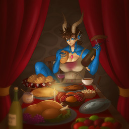 alcohol beverage big_breasts blue_body blue_scales bread breasts brown_hair cleavage clothed clothing eating facial_piercing fangs female food gold_(metal) hair horn jewelry lip_piercing meat non-mammal_breasts pendant piercing scales solo teeth wine drakthug mythology norael dragon mythological_creature mythological_scalie scalie 1:1 hi_res